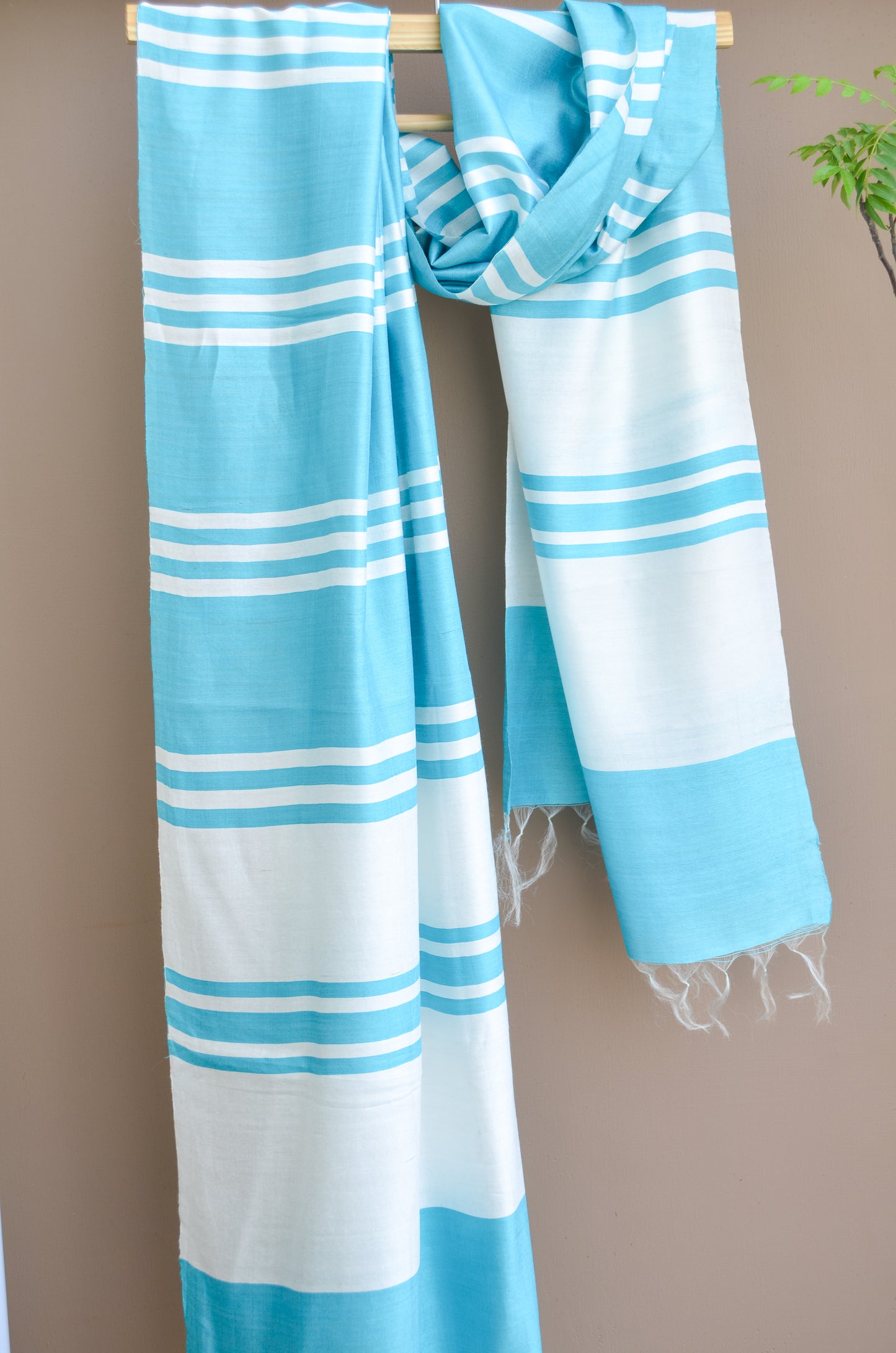 Unisex Aqua Offbeat Striped Handwoven Cotton Silk Stole