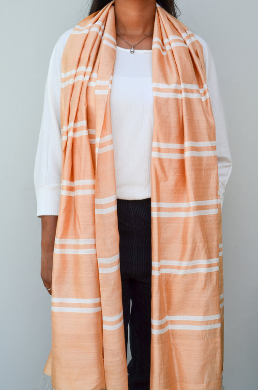 Unisex Soft Beige Classic Striped Handwoven Cotton Silk Stole