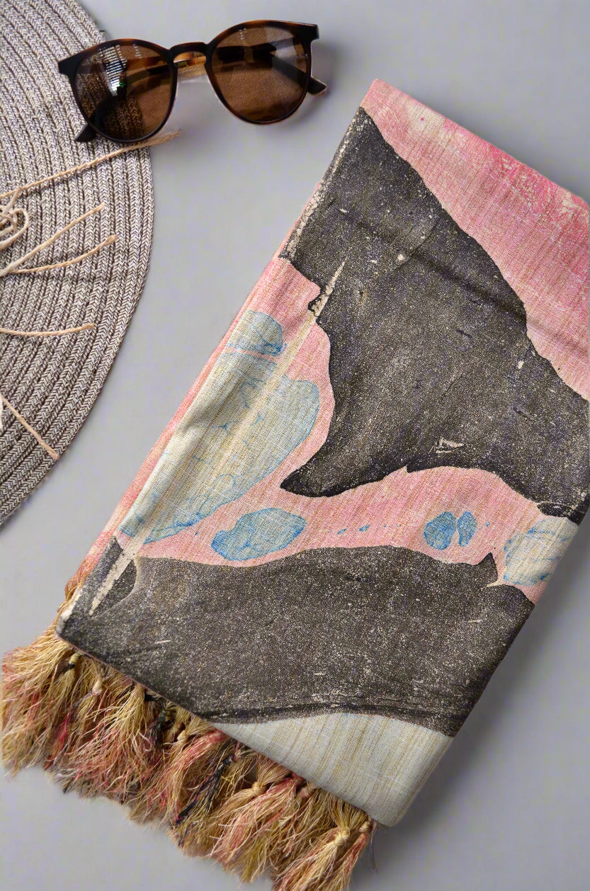 Mystic Shoreline - Hand-spun & Handwoven Cotton Marble Printed Dupatta - Pinaachi