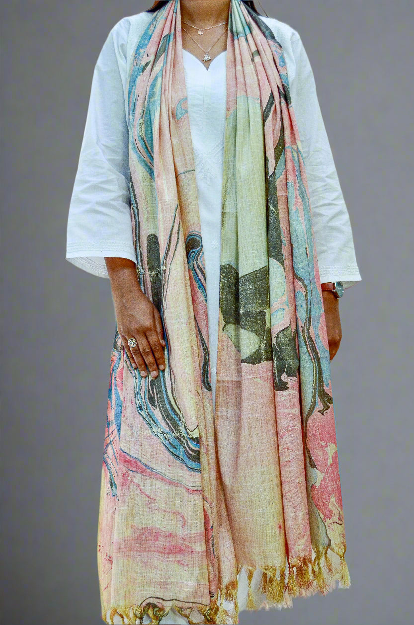Mystic Shoreline - Hand-spun & Handwoven Cotton Marble Printed Dupatta - Pinaachi