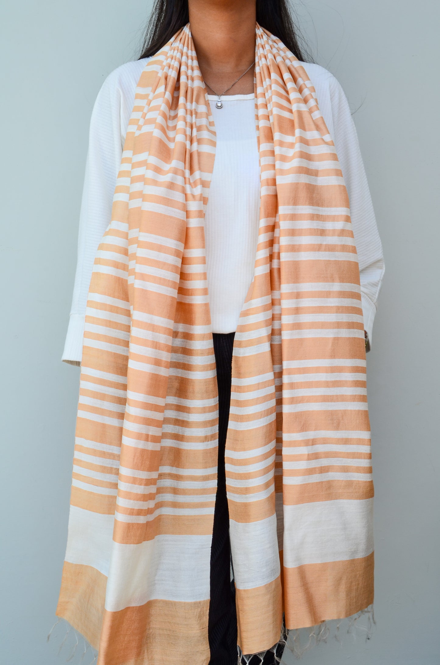 Unisex Soft Beige Fine Striped Handwoven Cotton Silk Stole