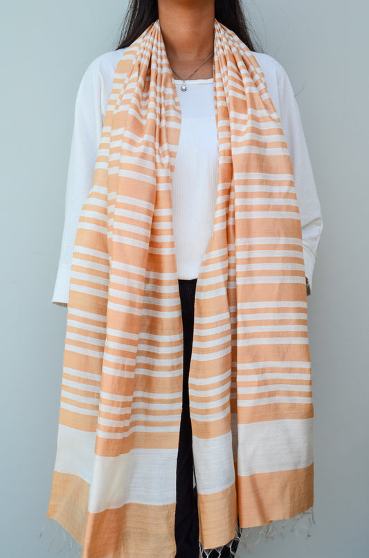 Unisex Soft Beige Fine Striped Handwoven Cotton Silk Stole