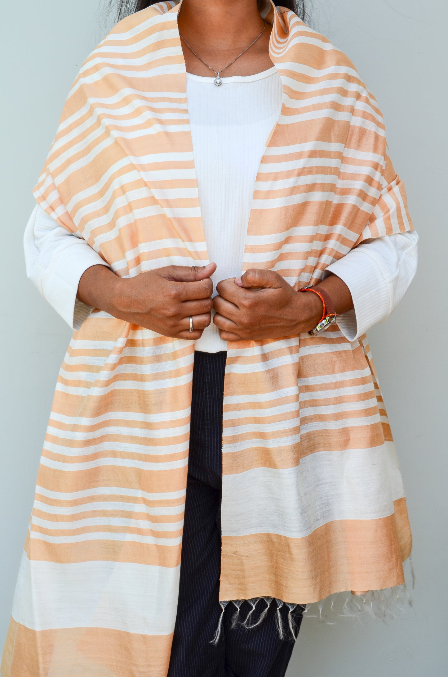 Unisex Soft Beige Fine Striped Handwoven Cotton Silk Stole