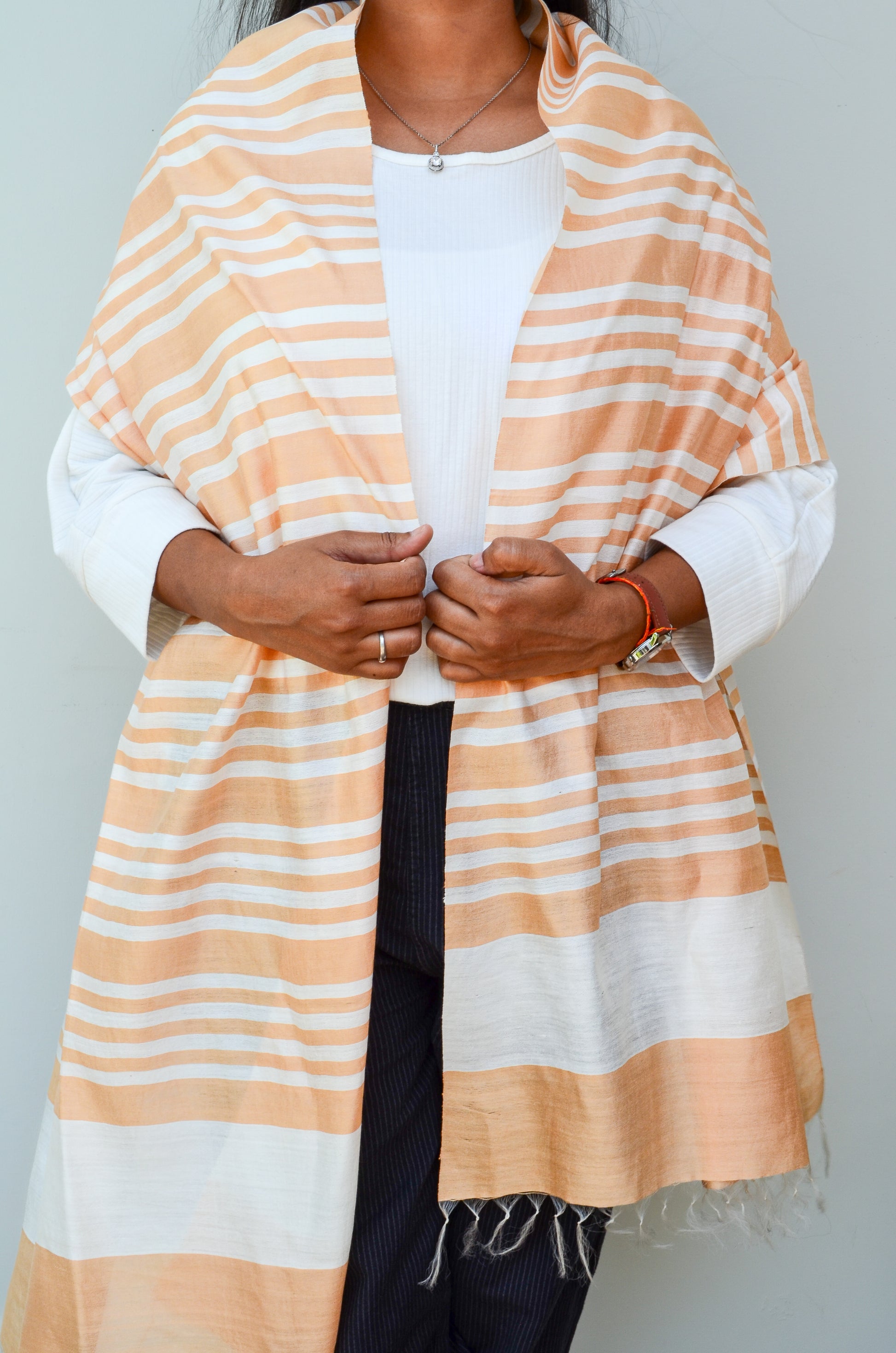 Unisex Soft Beige Fine Striped Handwoven Cotton Silk Stole