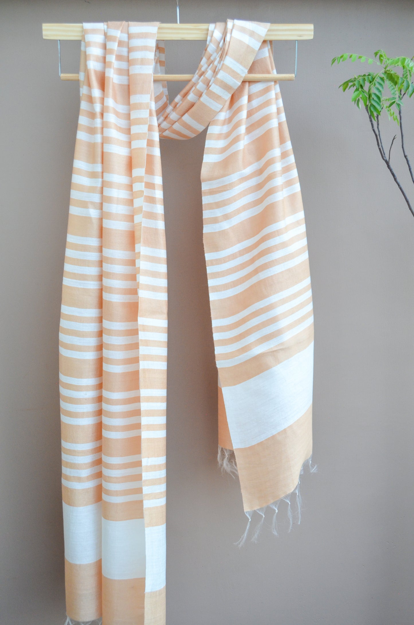 Unisex Soft Beige Fine Striped Handwoven Cotton Silk Stole