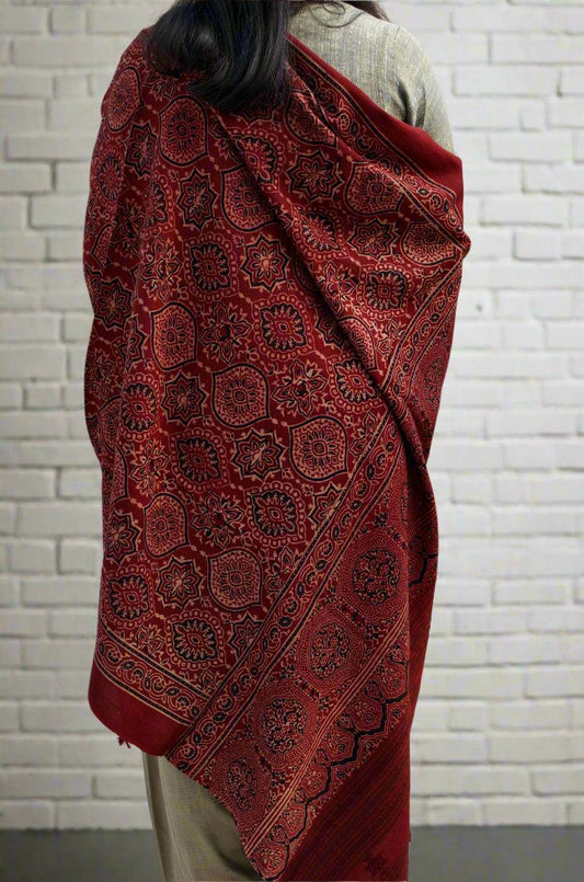 Pure Merino Wool Ajrakh Hand Block-Printed Shawl – Maroon - Pinaachi