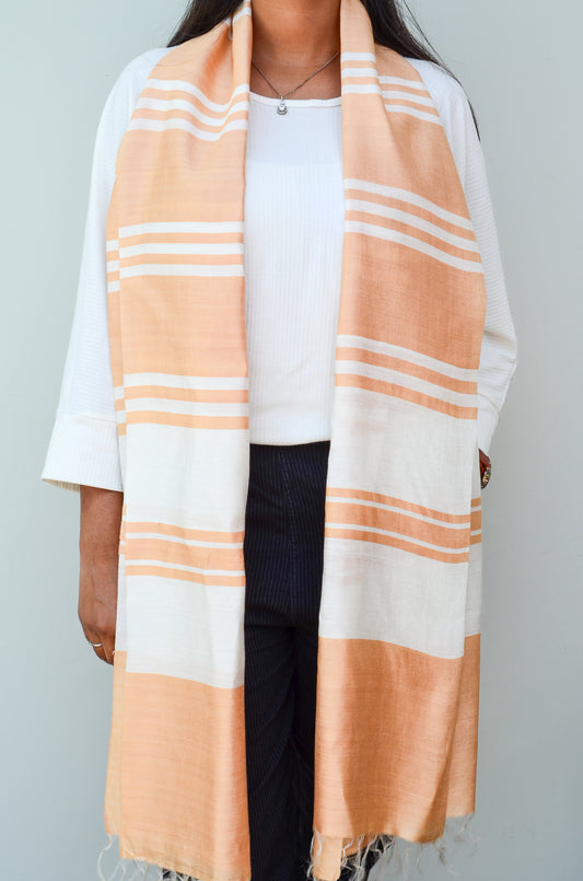 Unisex Soft Beige Offbeat Striped Handwoven Cotton Silk Stole