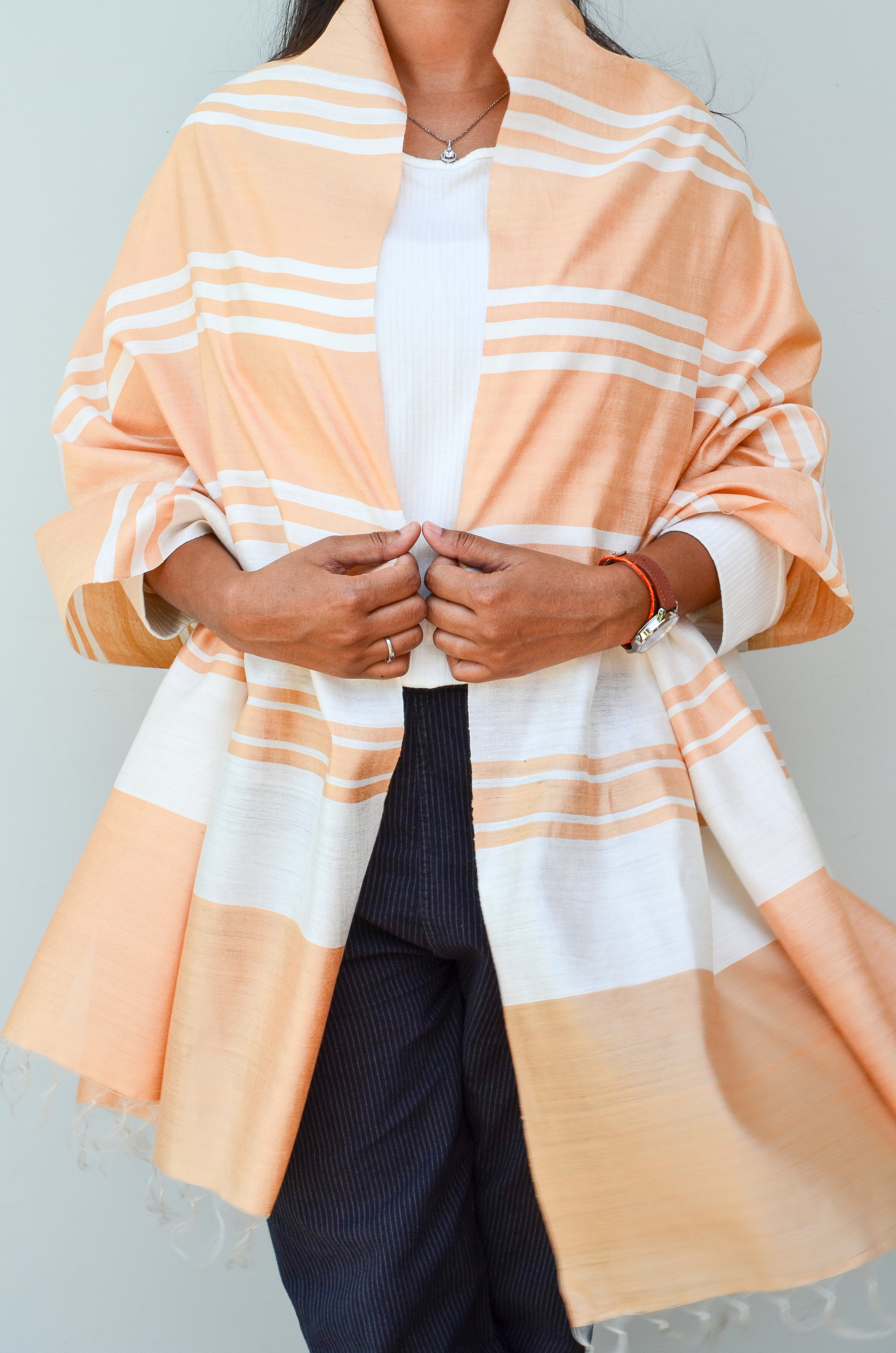 Unisex Soft Beige Offbeat Striped Handwoven Cotton Silk Stole
