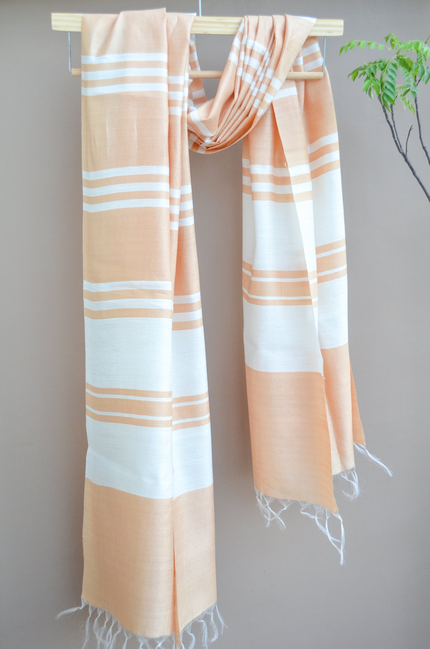 Unisex Soft Beige Offbeat Striped Handwoven Cotton Silk Stole