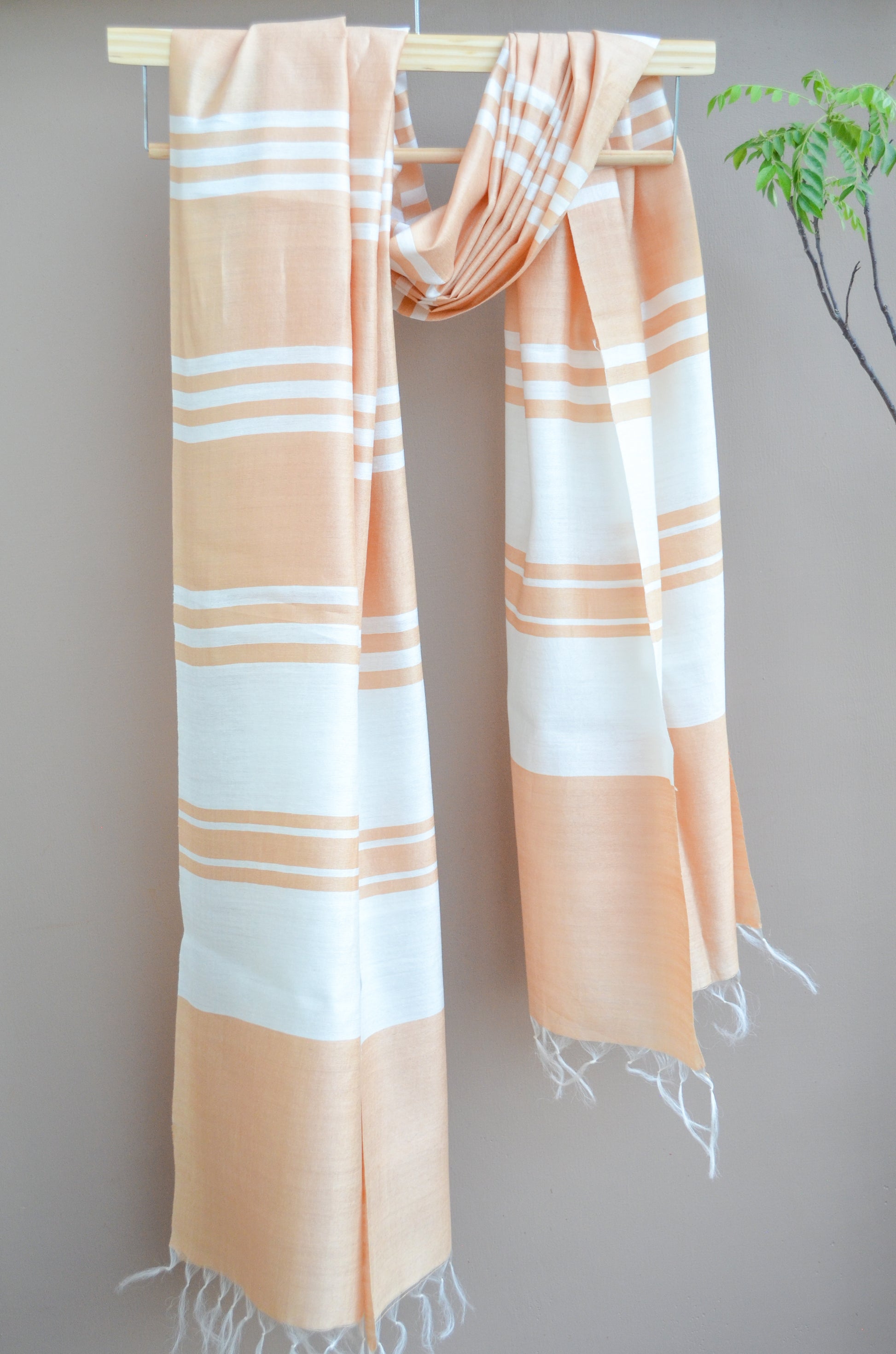 Unisex Soft Beige Offbeat Striped Handwoven Cotton Silk Stole