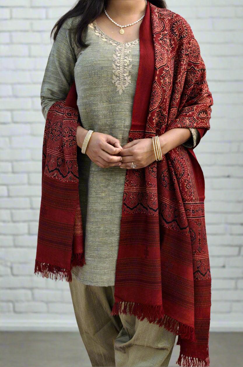 Pure Merino Wool Ajrakh Hand Block-Printed Shawl – Maroon - Pinaachi