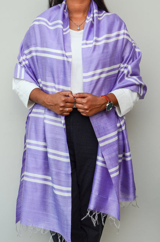 Unisex Lilac Classic Striped Handwoven Cotton Silk Stole
