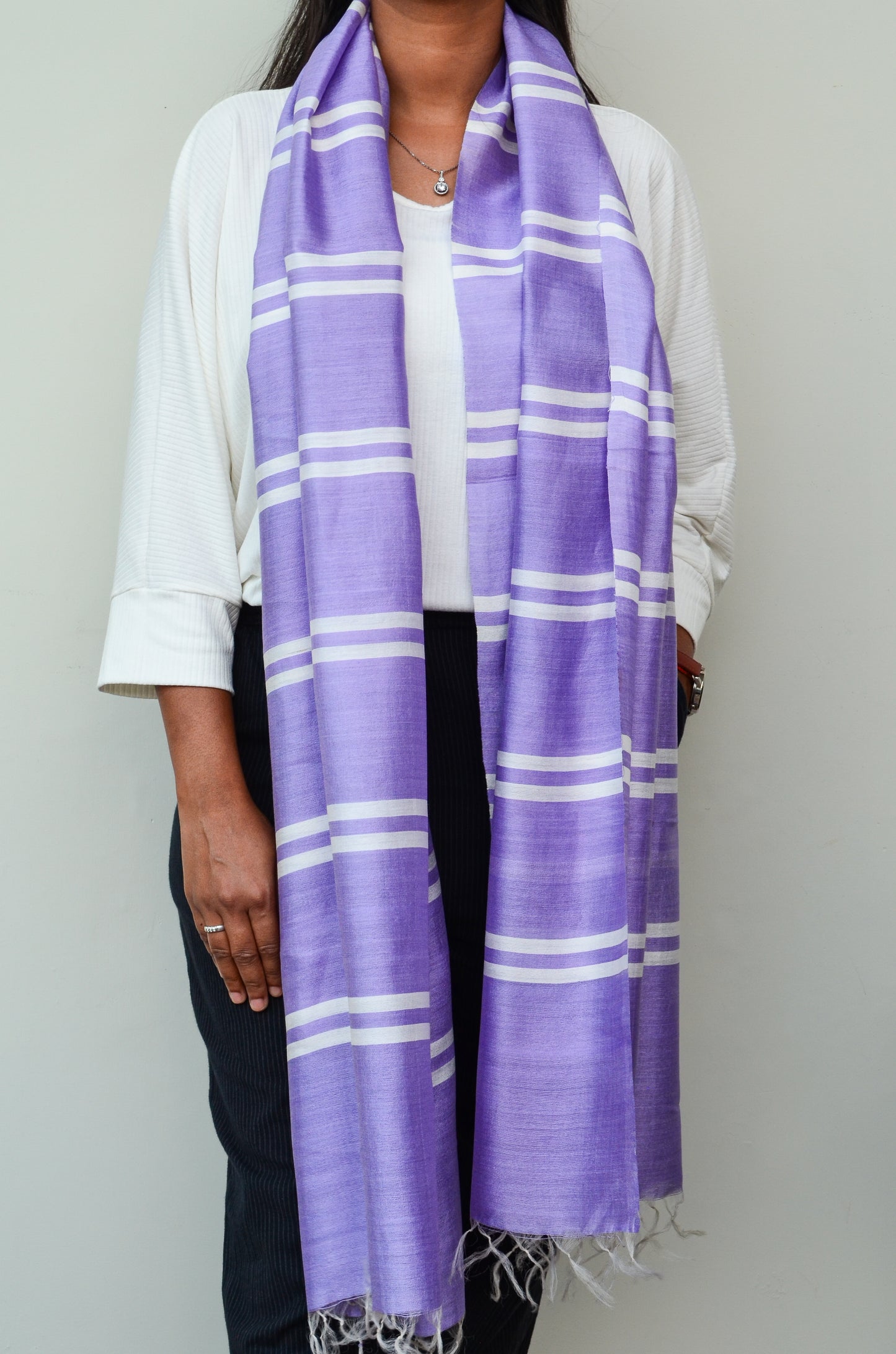 Unisex Lilac Classic Striped Handwoven Cotton Silk Stole