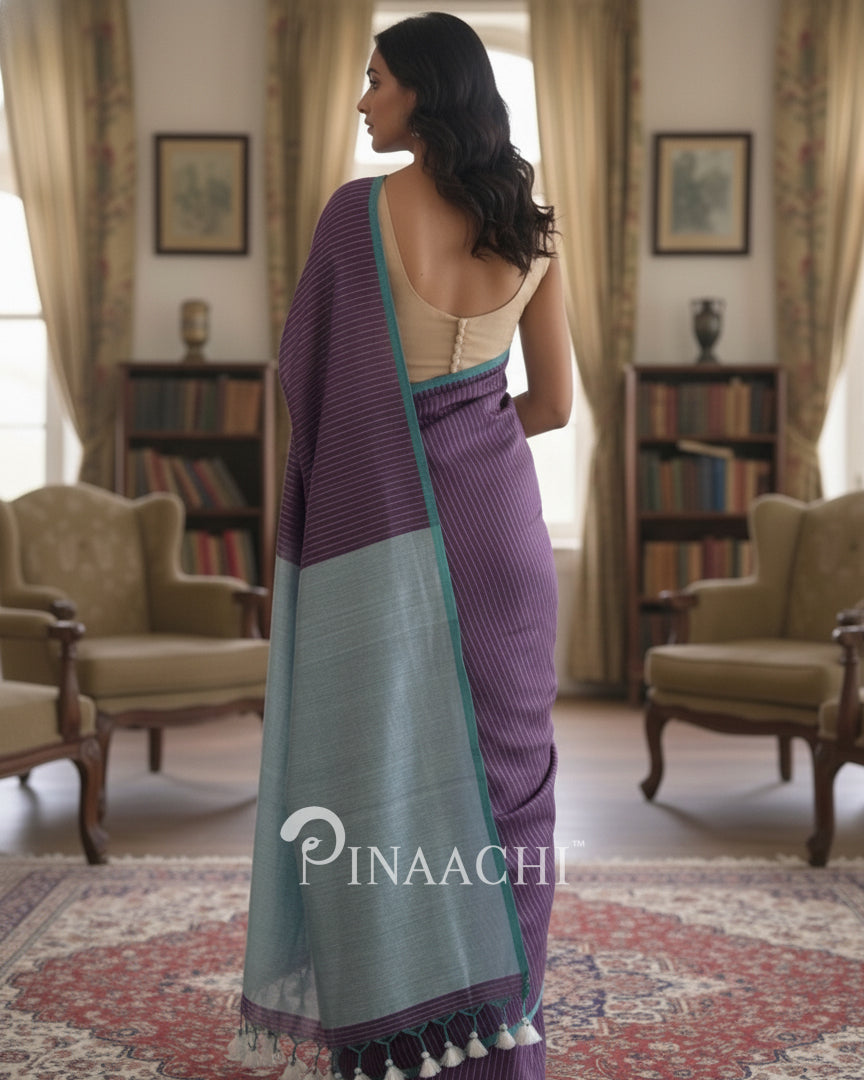 Pinaachi Handloom Purple Striped Mul Cotton Saree