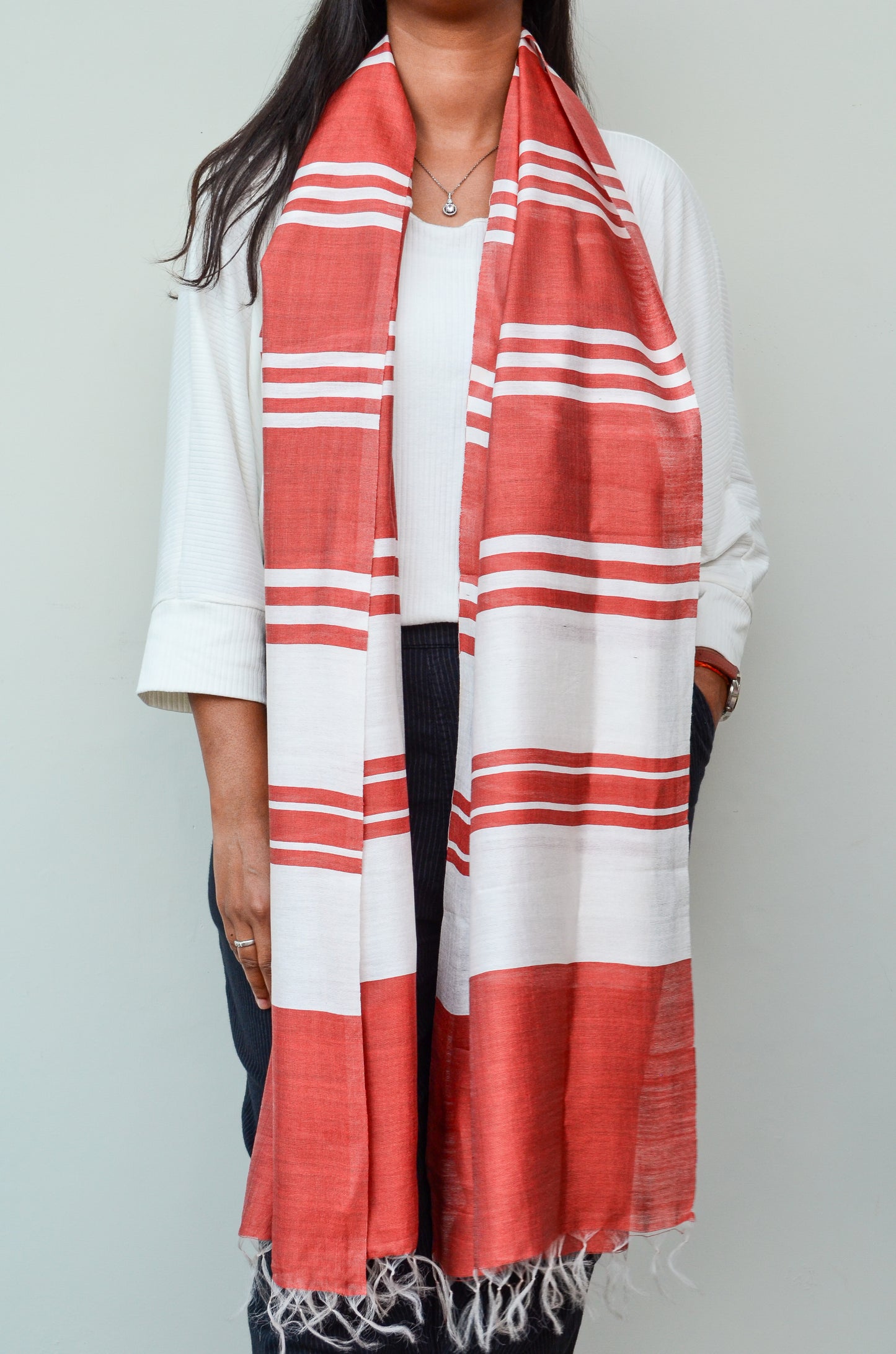 Unisex Brick Red Offbeat Striped Handwoven Cotton Silk Stole