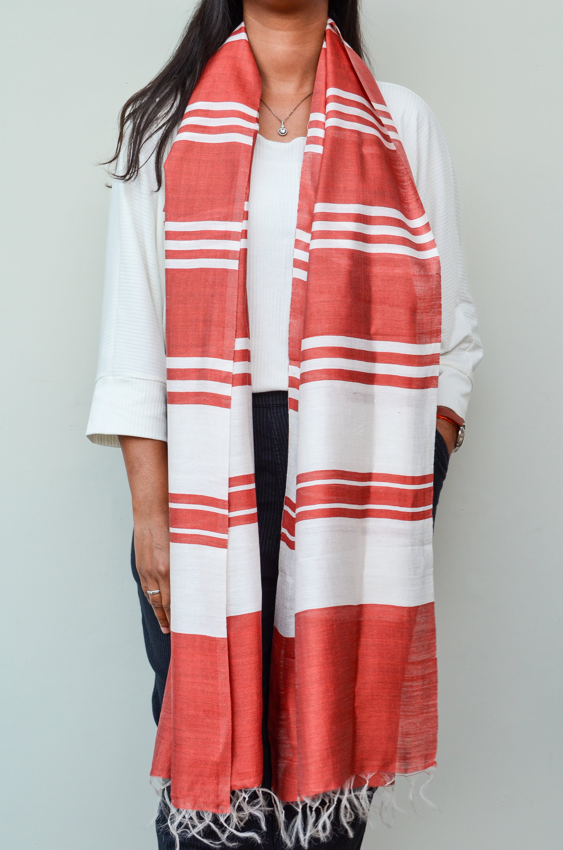 Unisex Brick Red Offbeat Striped Handwoven Cotton Silk Stole