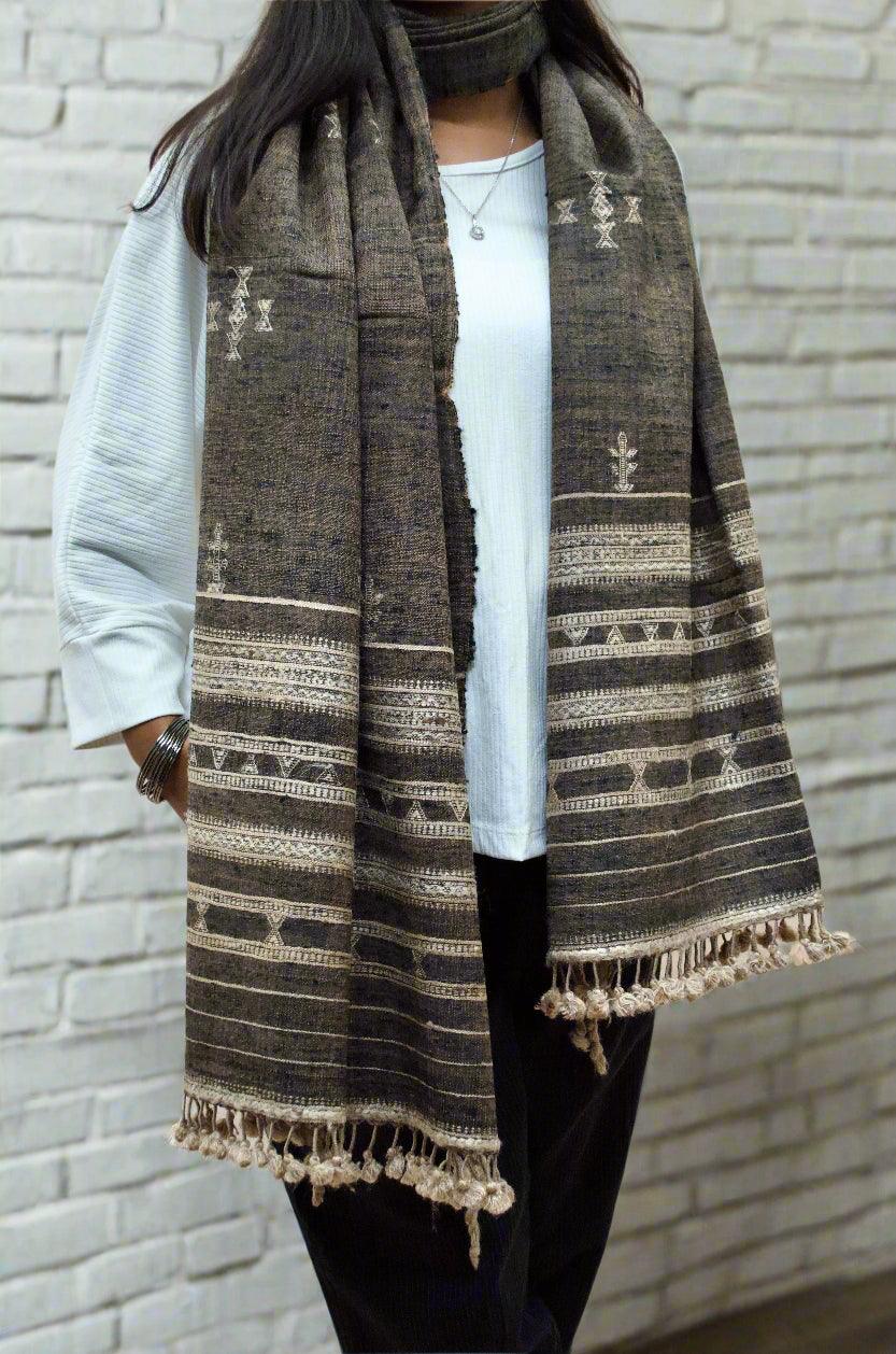 Pure Merino Wool & Tasar Silk Chaar Boti Design Stole - 02 - Pinaachi