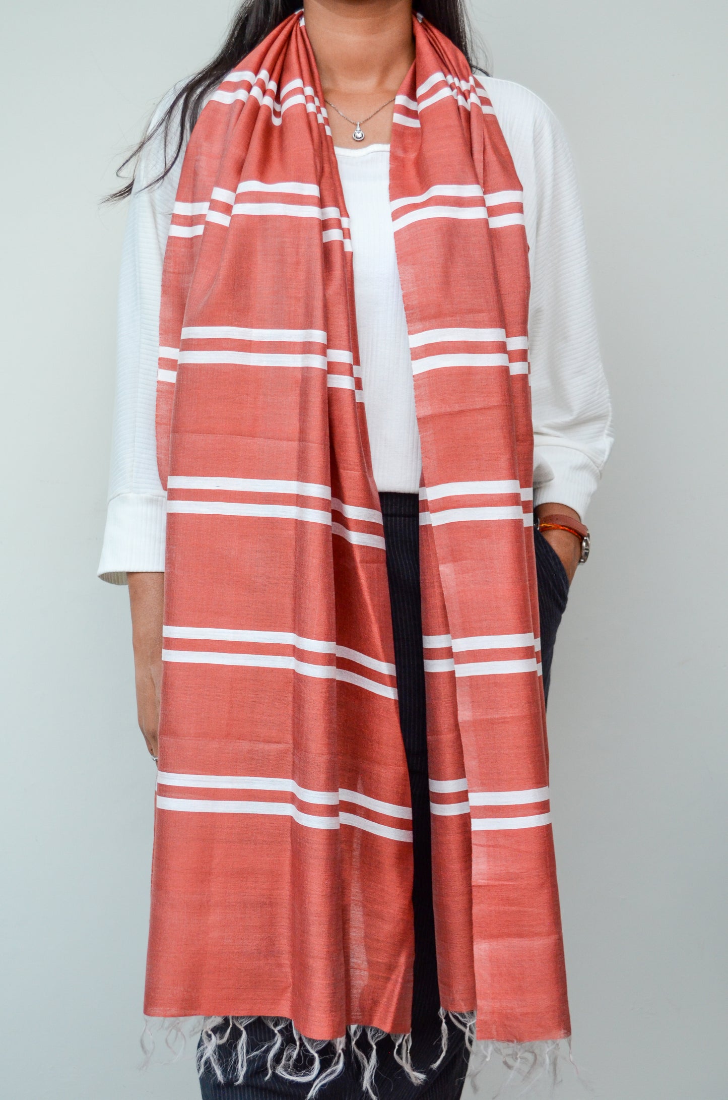 Unisex Brick Red Classic Striped Handwoven Cotton Silk Stole