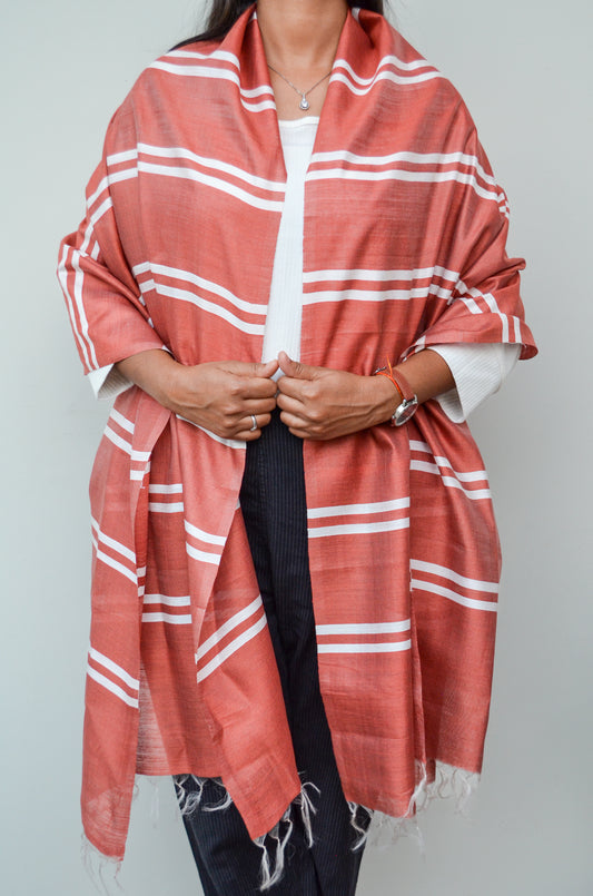 Unisex Brick Red Classic Striped Handwoven Cotton Silk Stole