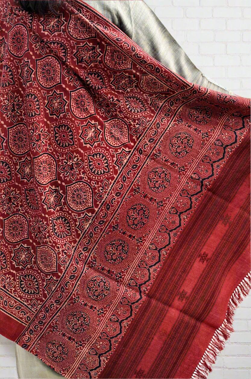 Pure Merino Wool Ajrakh Hand Block-Printed Shawl – Maroon - Pinaachi