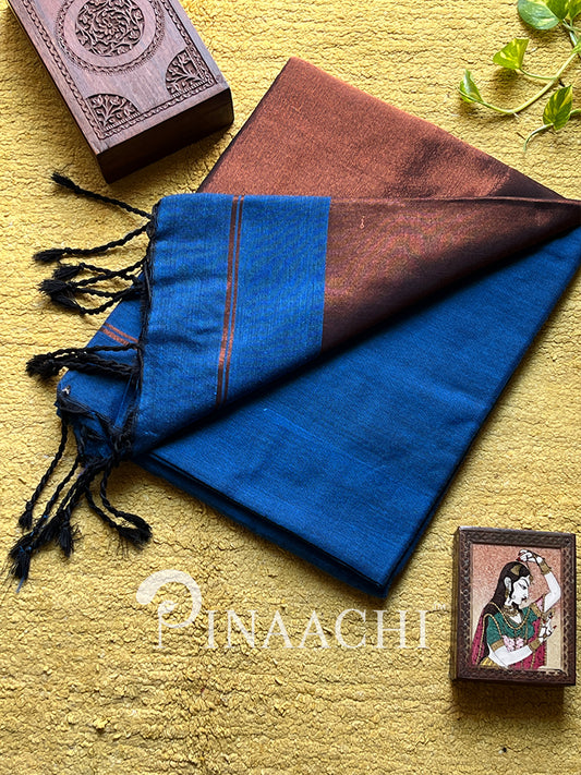 Pinaachi peacock blue cotton saree with elegant design and fringed edges, perfect for festive occasions