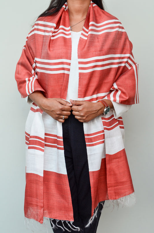 Unisex Brick Red Offbeat Striped Handwoven Cotton Silk Stole