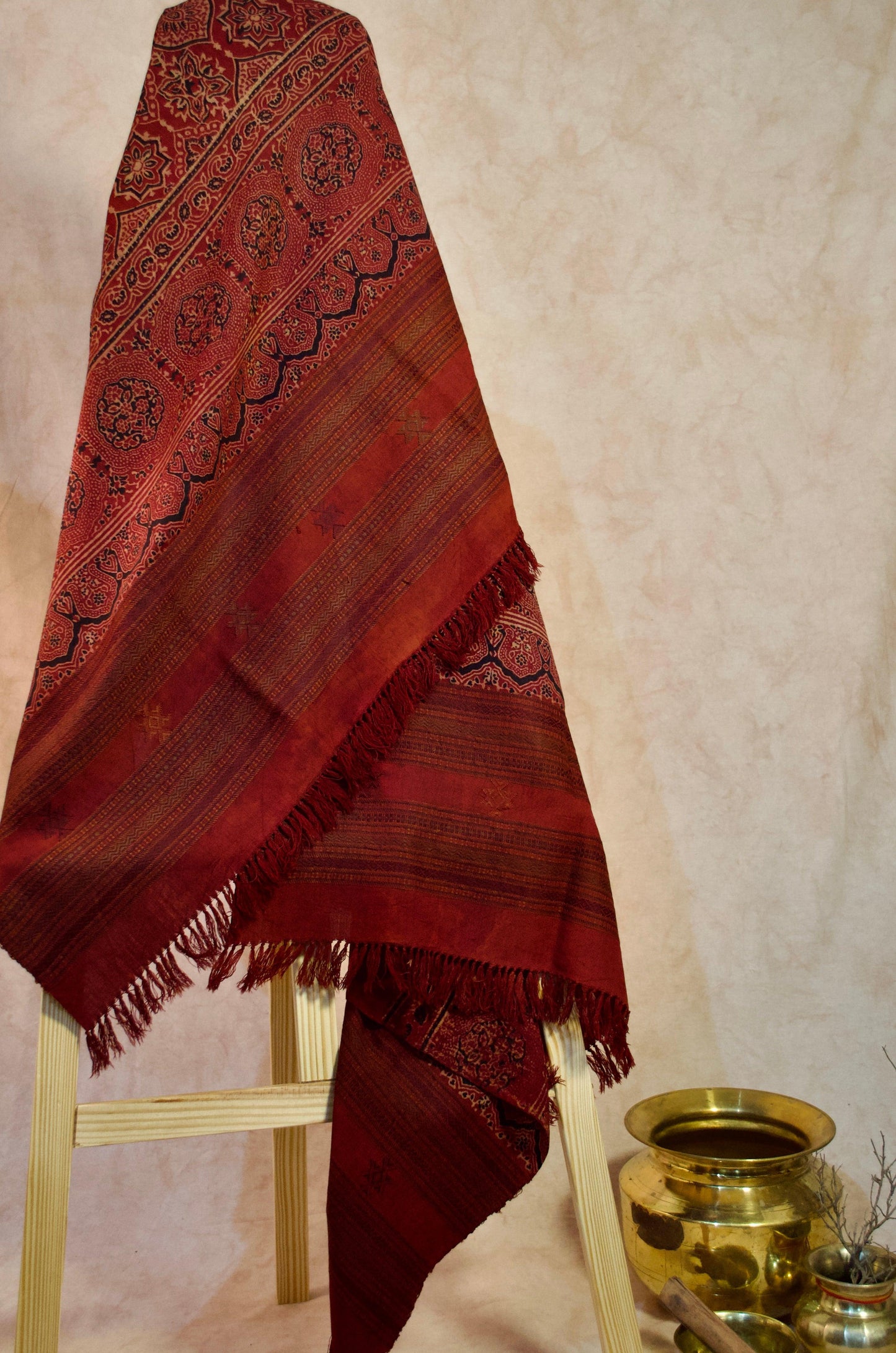 Pure Merino Wool Ajrakh Hand Block-Printed Shawl – Maroon - Pinaachi