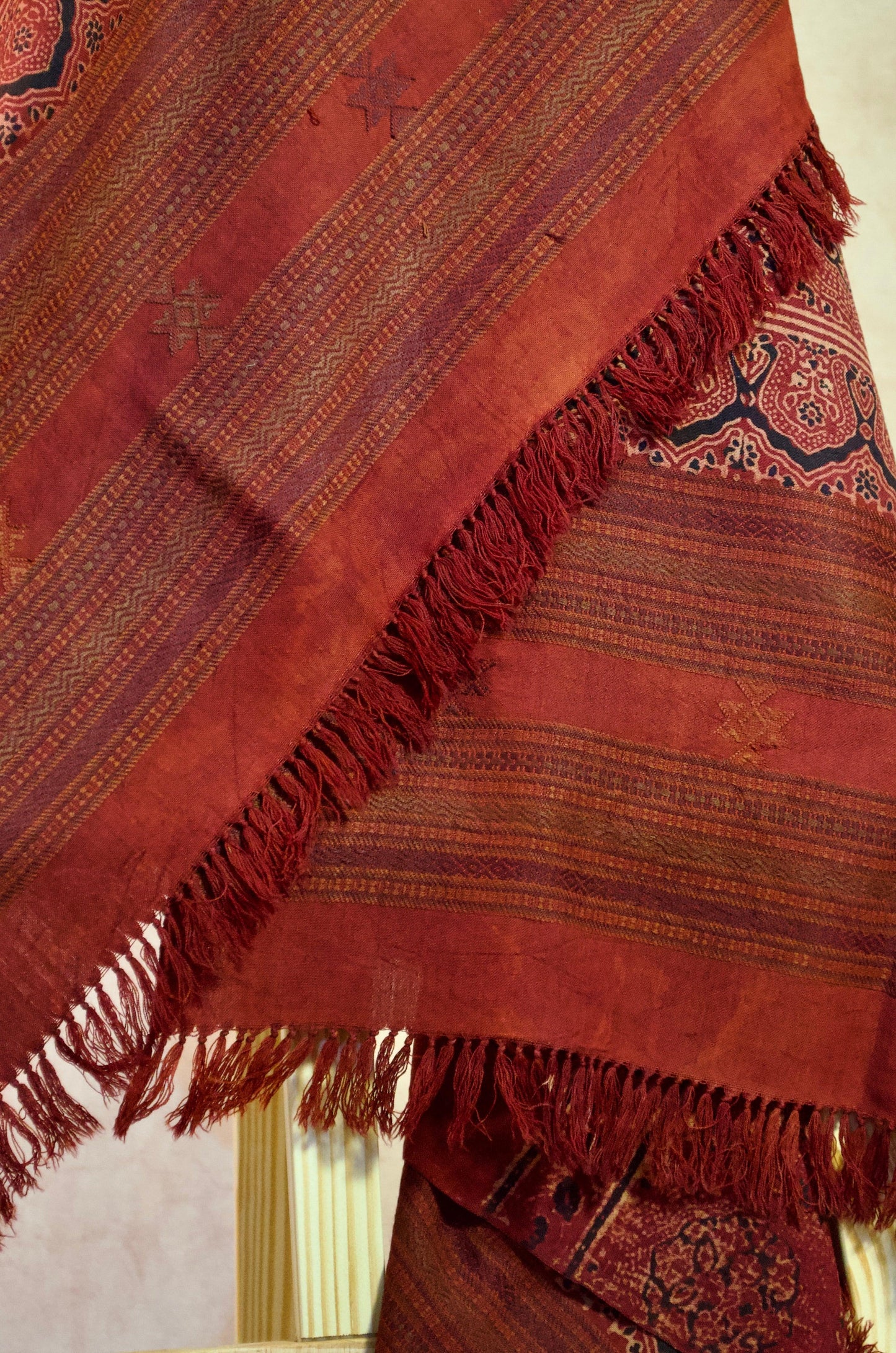 Pure Merino Wool Ajrakh Hand Block-Printed Shawl – Maroon - Pinaachi