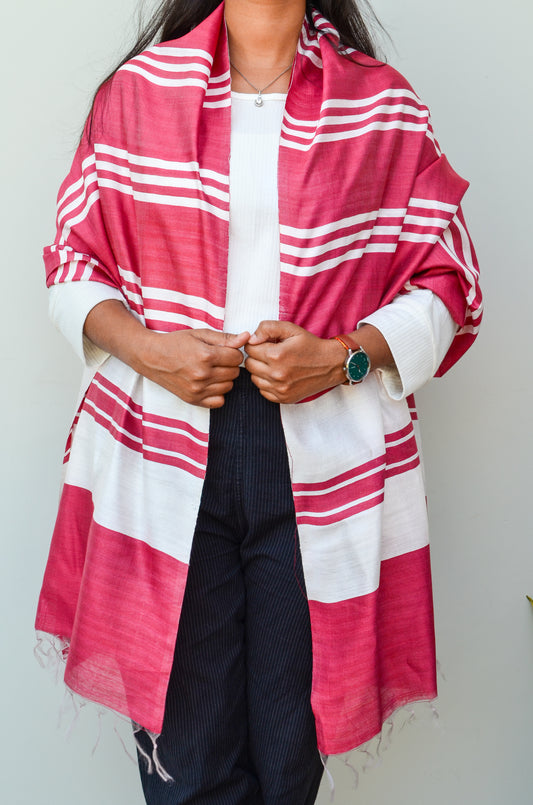 Unisex Deep Maroon Offbeat Striped Handwoven Cotton Silk Stole