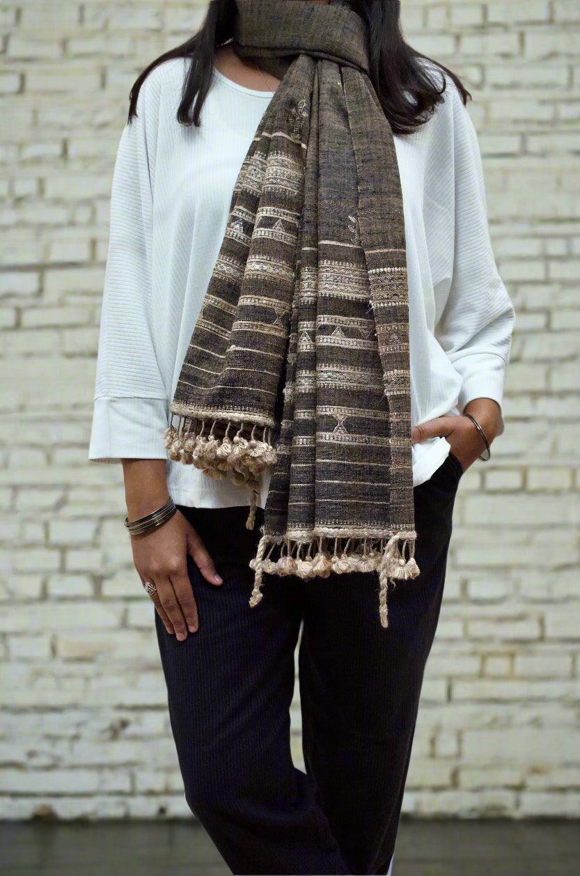 Pure Merino Wool & Tasar Silk Chaar Boti Design Stole - 02 - Pinaachi