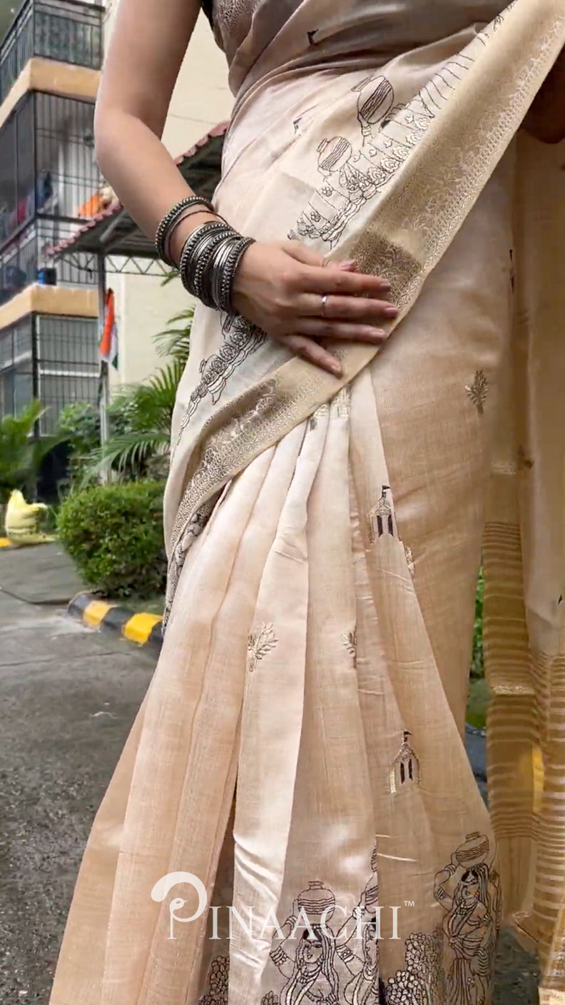 Pinaachi Off-White Tussar Silk Embroidered Saree