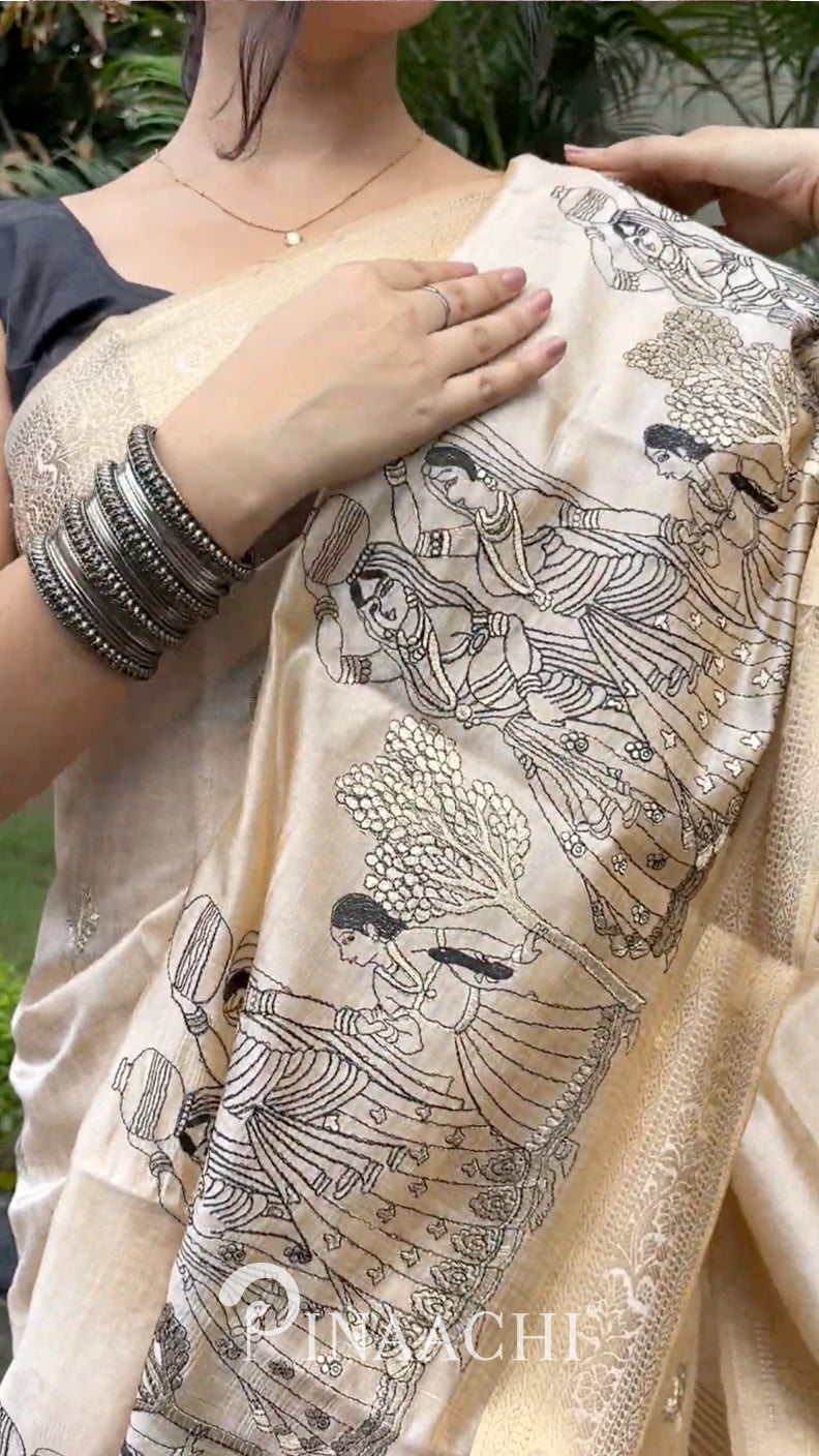 Pinaachi Off-White Tussar Silk Embroidered Saree