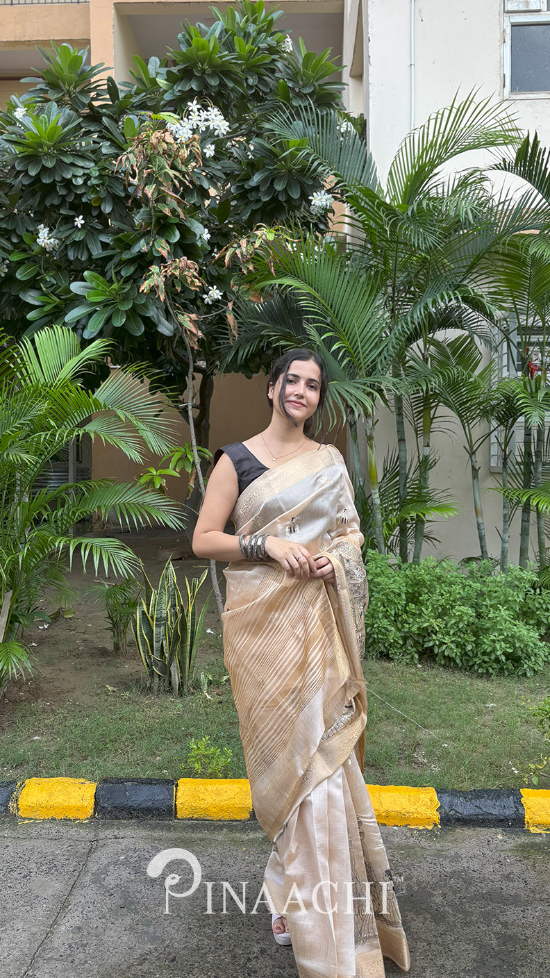 Pinaachi Off-White Tussar Silk Embroidered Saree