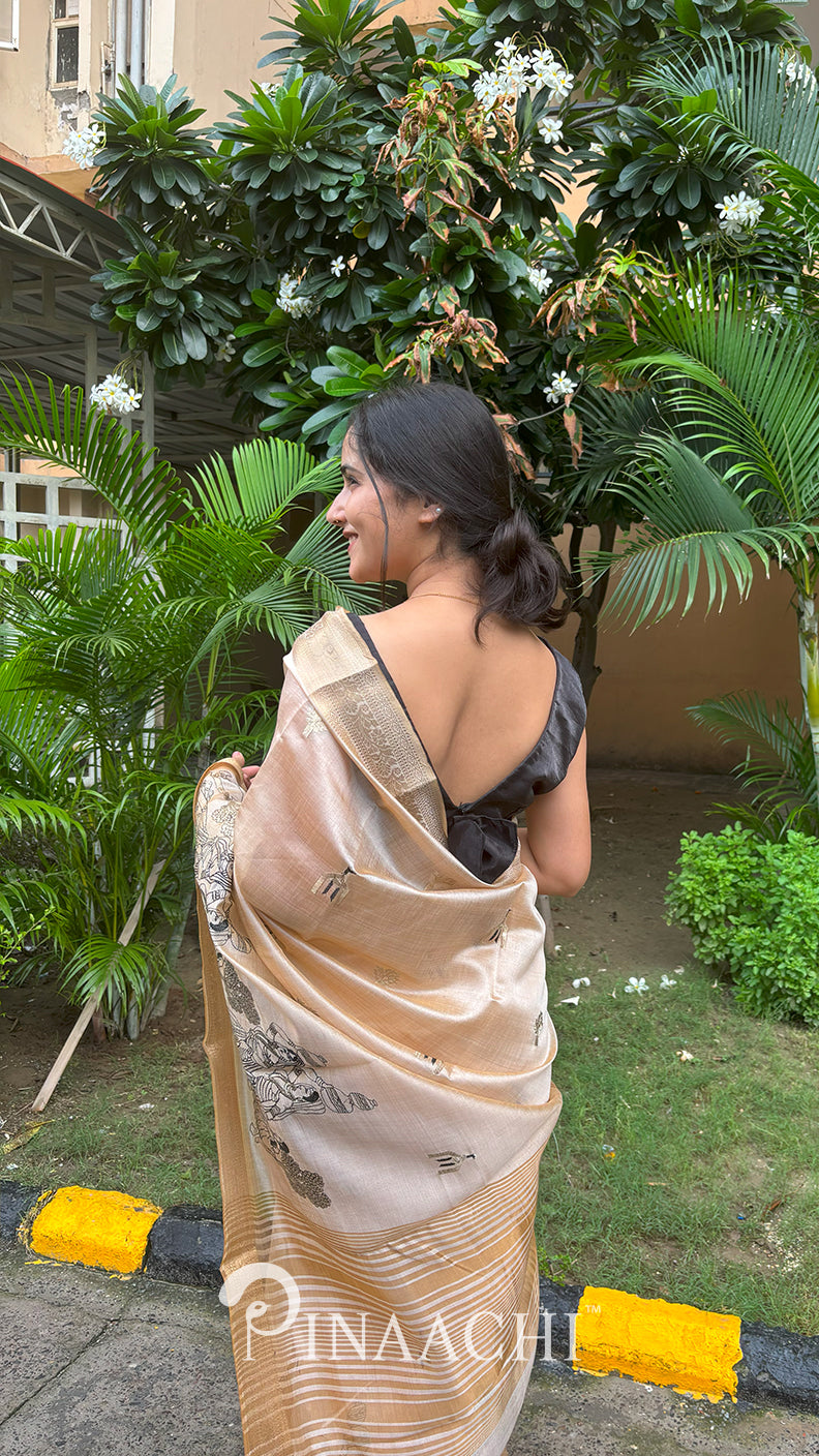 Pinaachi Off-White Tussar Silk Embroidered Saree