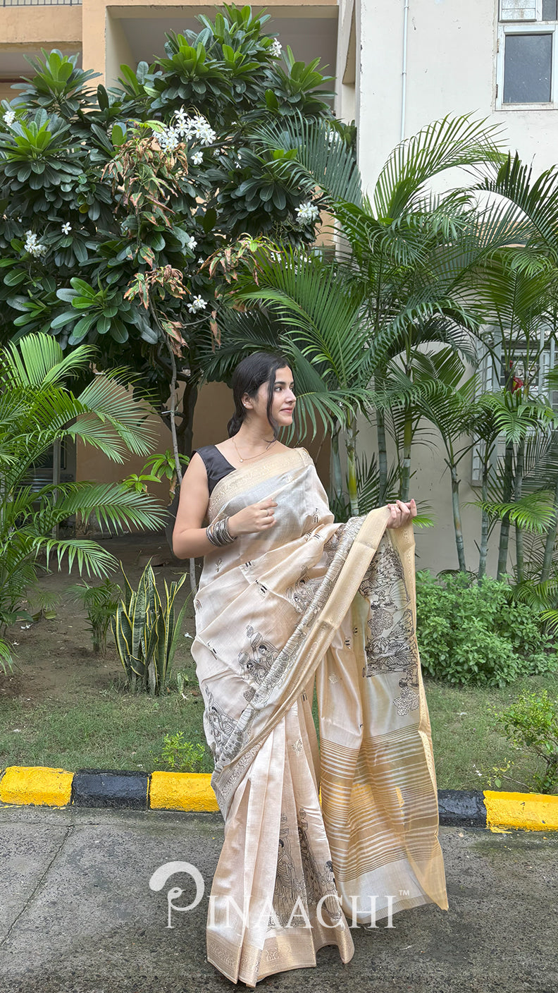 Pinaachi Off-White Tussar Silk Embroidered Saree