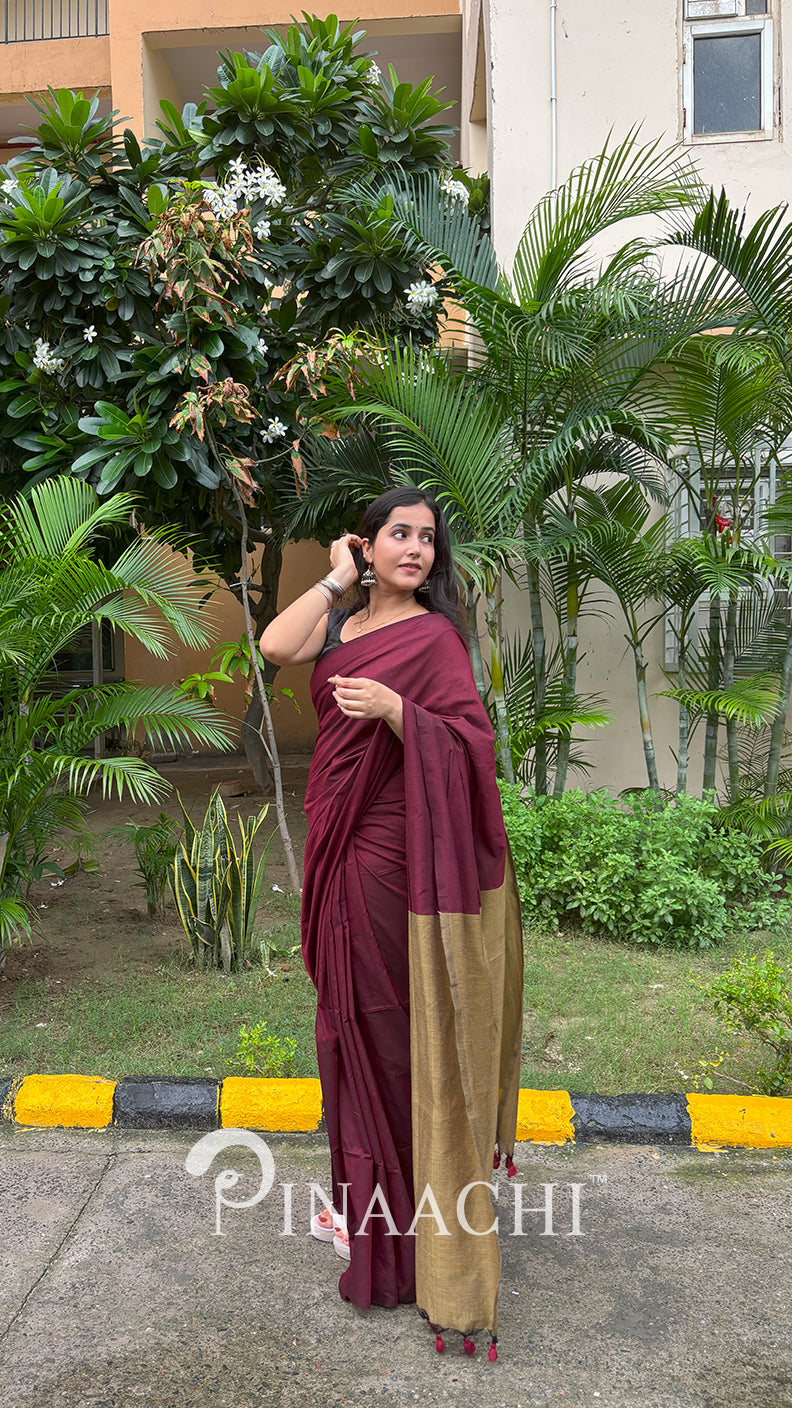 Pinaachi Samya Handspun Maroon Dual Color Cotton Saree