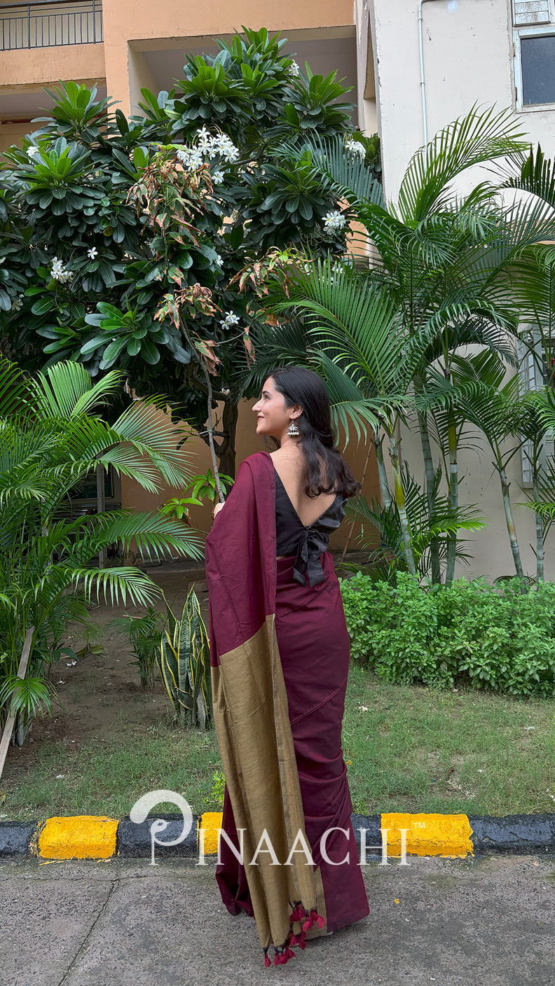 Pinaachi Samya Handspun Maroon Dual Color Cotton Saree