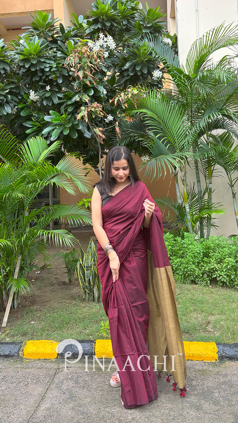 Pinaachi Samya Handspun Maroon Dual Color Cotton Saree