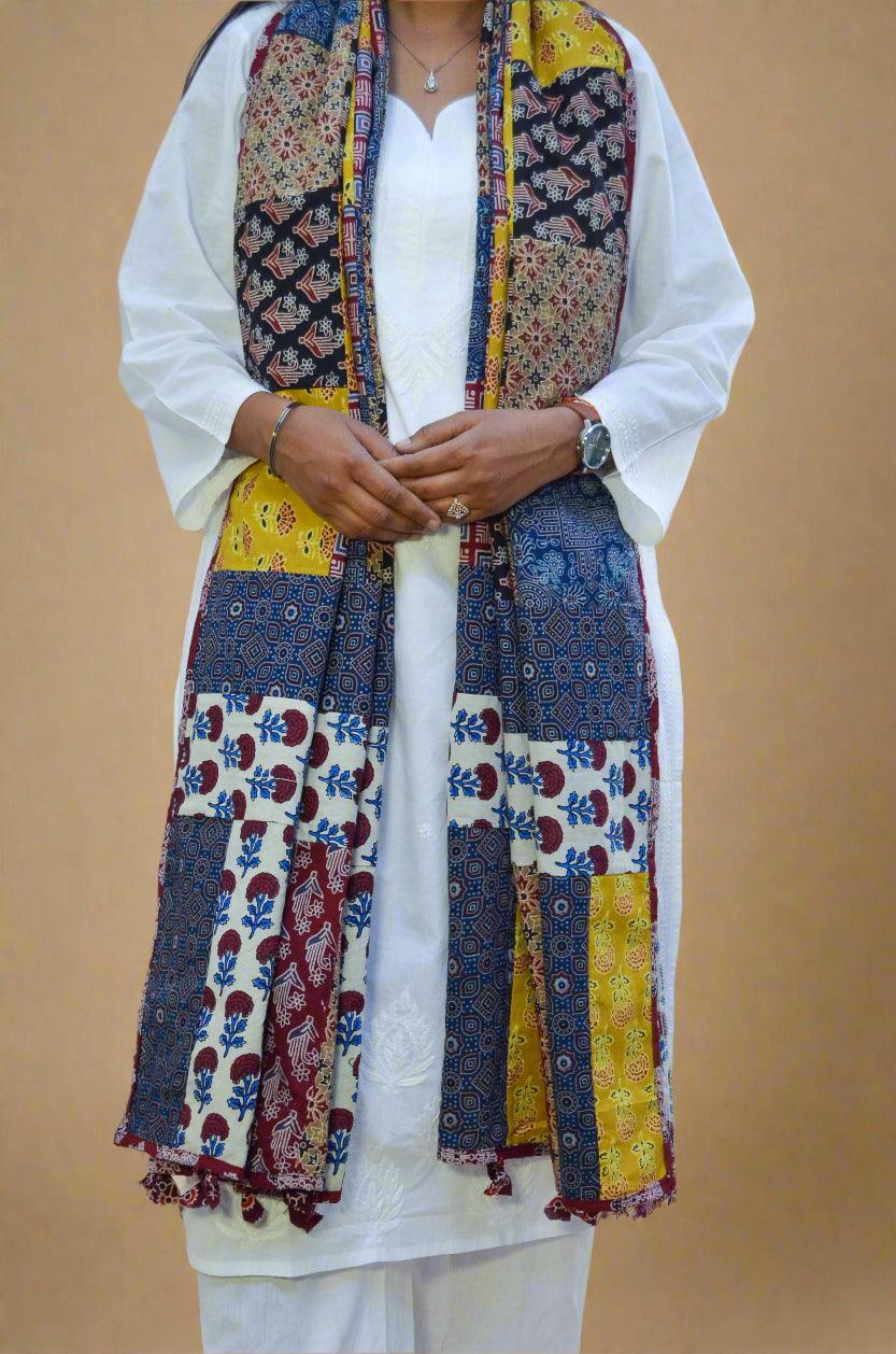 Elegant Pinaachi Ajrakh cotton patchwork dupatta in vibrant colors for stylish ethnic wear