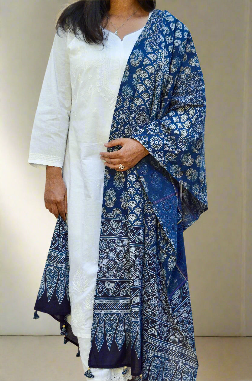 Elegant Ajrak hand block printed dupatta featuring intricate patterns in blue and white tones