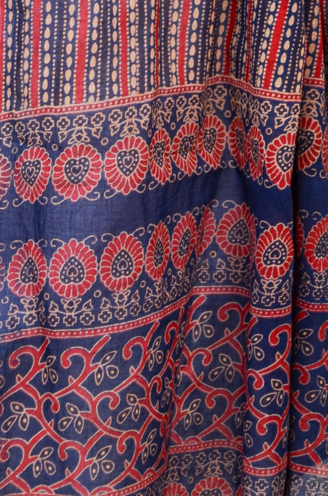 Ajrakh hand block printed dupatta with intricate floral patterns in blue and red colors