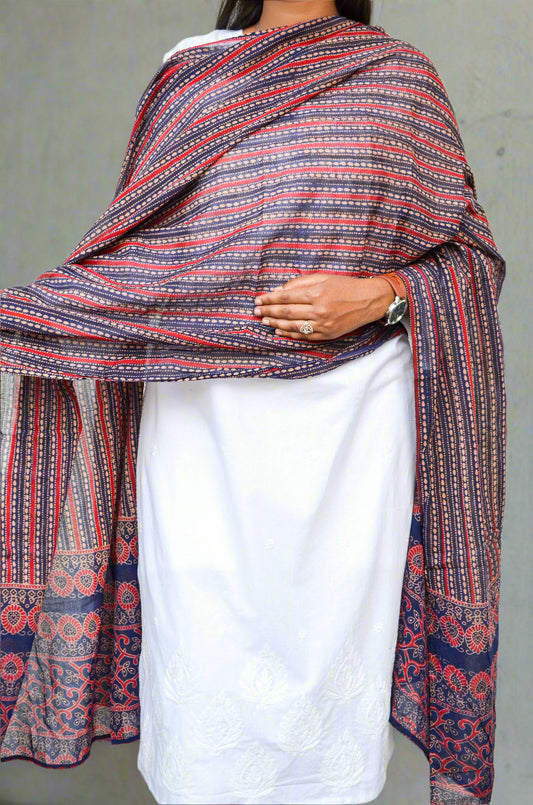 Elegant Ajrakh hand block printed dupatta with intricate patterns in red and blue tones