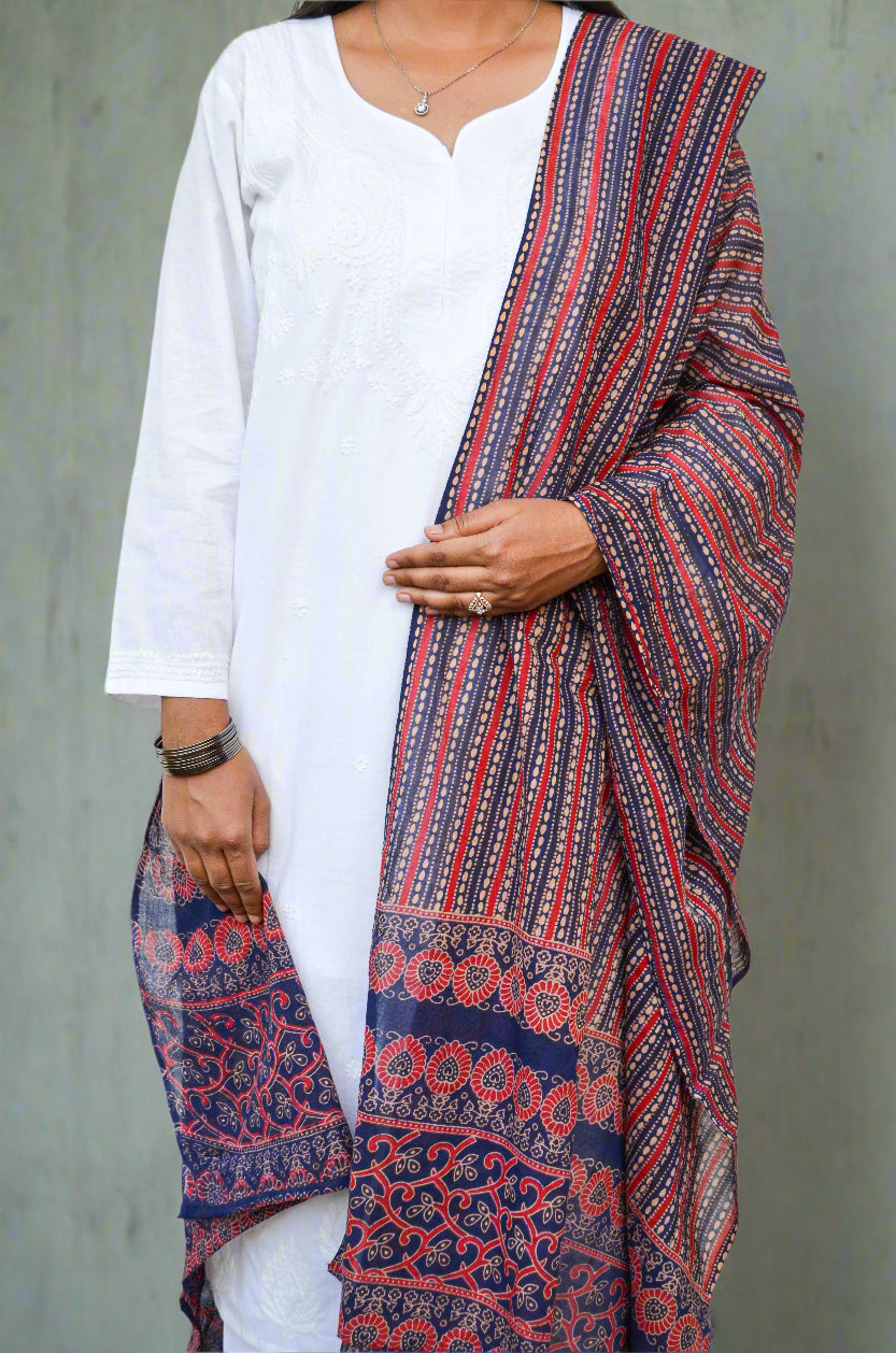 Pinaachi Ajrakh hand block printed dupatta in rich colors adds elegance to traditional outfits
