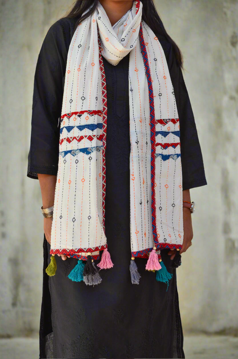 Pinaachi Ajrakh cotton stole with patchwork featuring colorful tassels and intricate designs