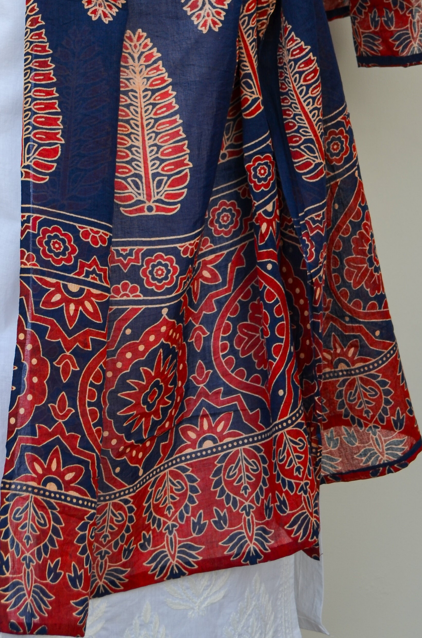 Ajrakh hand block printed cotton dupatta in blue and red with intricate traditional patterns
