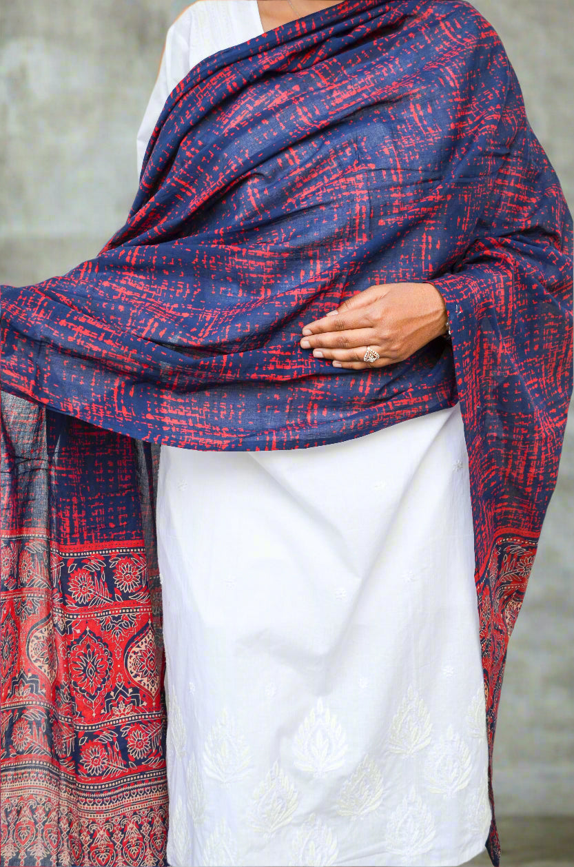 Ajrakh hand block printed dupatta in deep blue and red, perfect for ethnic style outfits