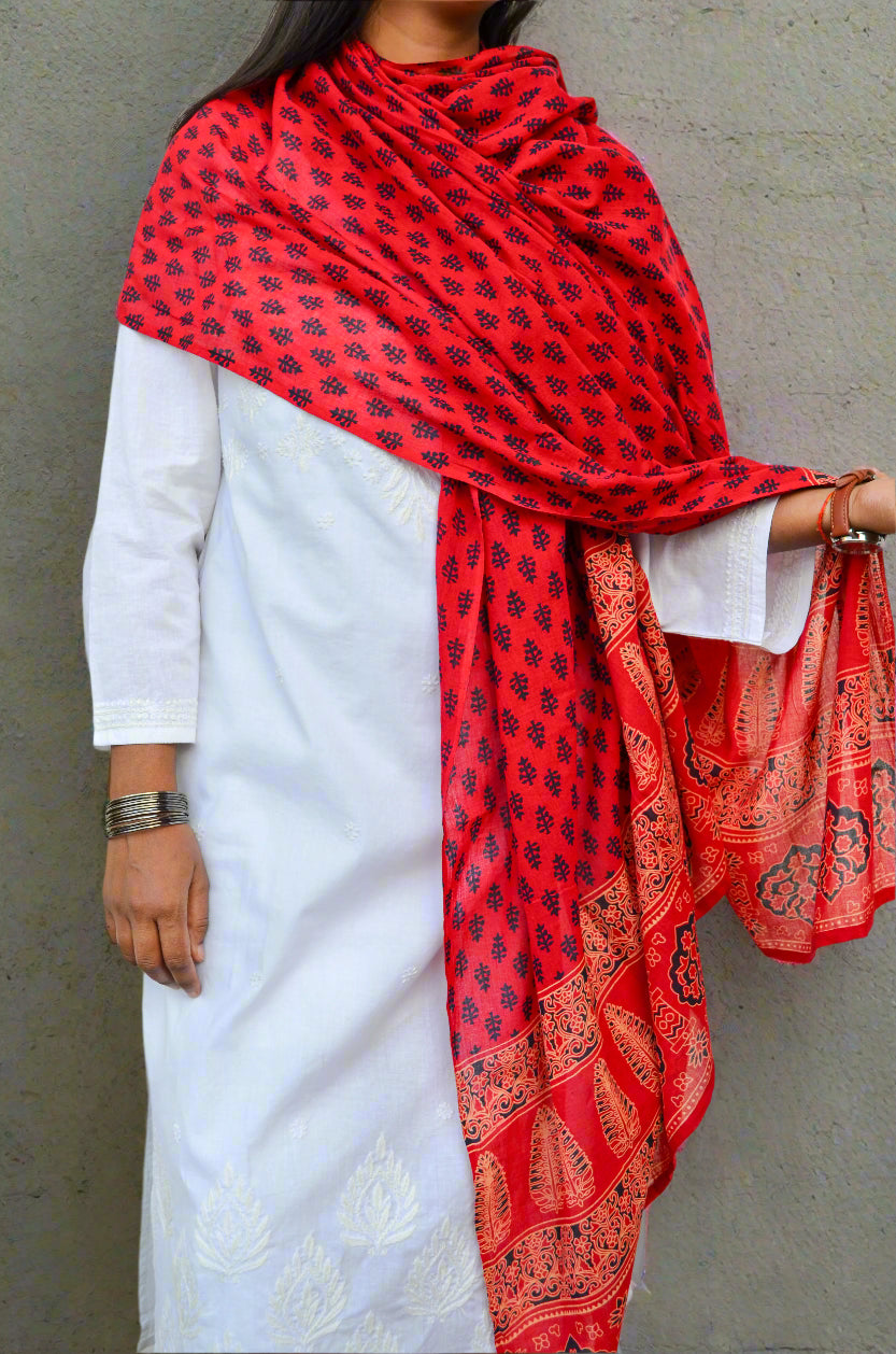Vibrant Ajrakh hand block printed dupatta in red, perfect for enhancing traditional outfits