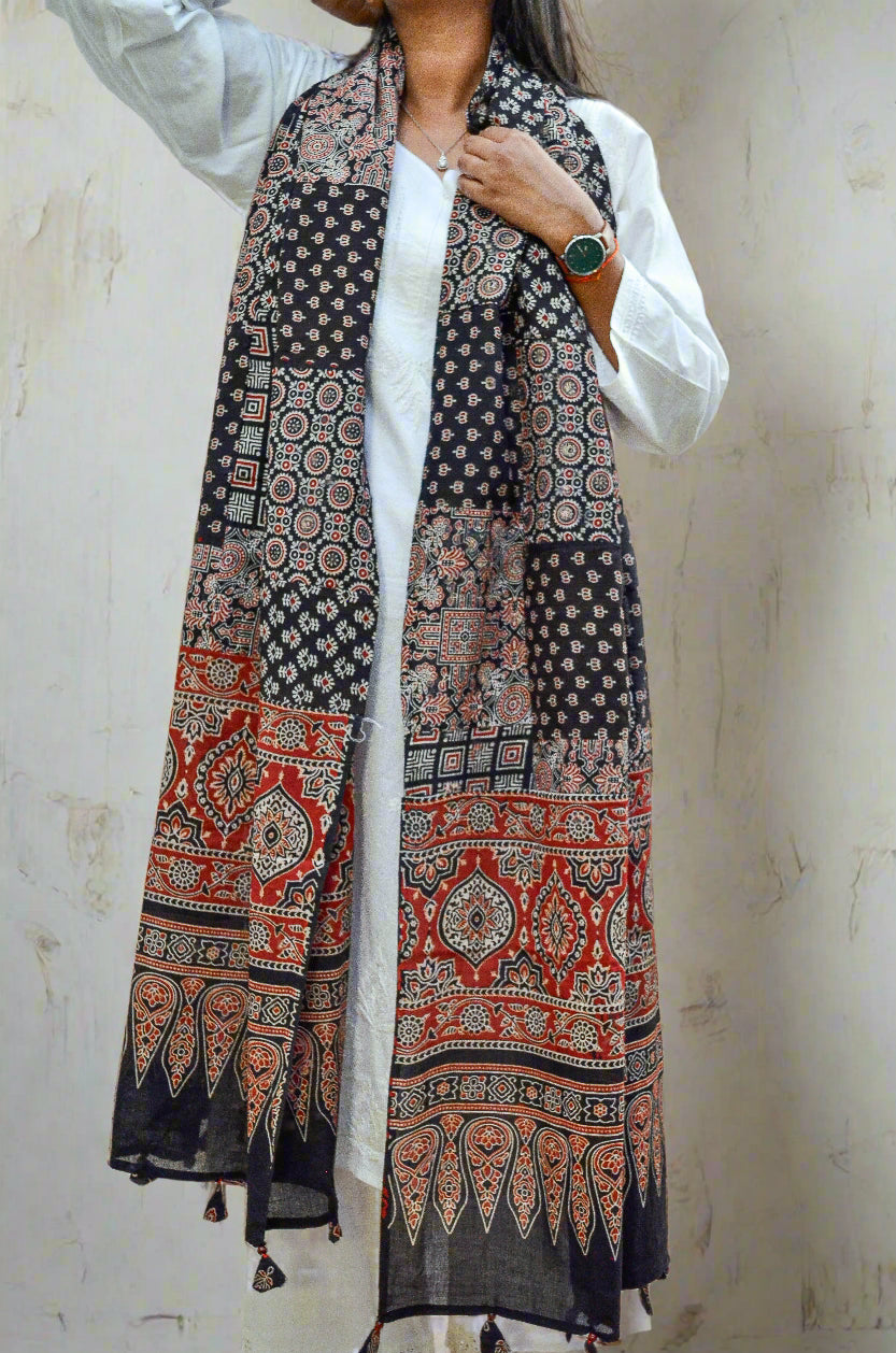 Elegant Ajrakh hand block printed dupatta featuring intricate designs in black and red hues