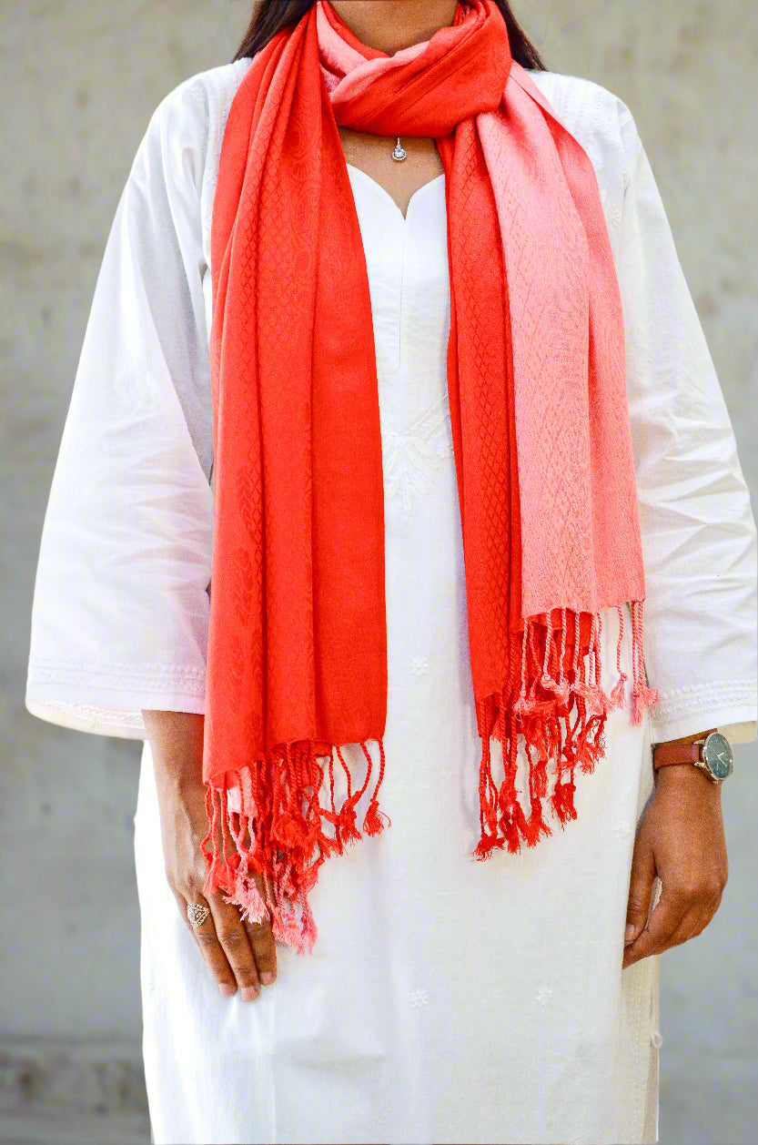 Crimson jacquard stole in soft fabric, styled for a chic and elegant look