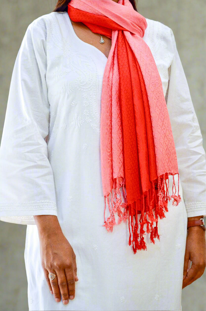 Pinaachi crimson jacquard stole featuring a stylish design, perfect for adding elegance to any outfit